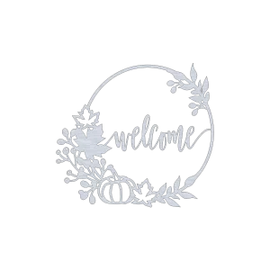 A circular aluminum wall art piece featuring the word 'welcome' in elegant script. Surrounding the word are intricate cut-out designs of autumn leaves, berries, and a pumpkin, creating a warm and inviting seasonal theme. The metal appears to have a smooth finish on a black background.